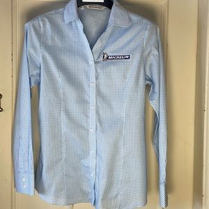 Ladies Michelin branded blouse. Blue check. Size large.